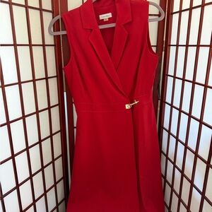 Calvin Klein Red Sleeveless Wrap-Front Dress with Gold Buckle